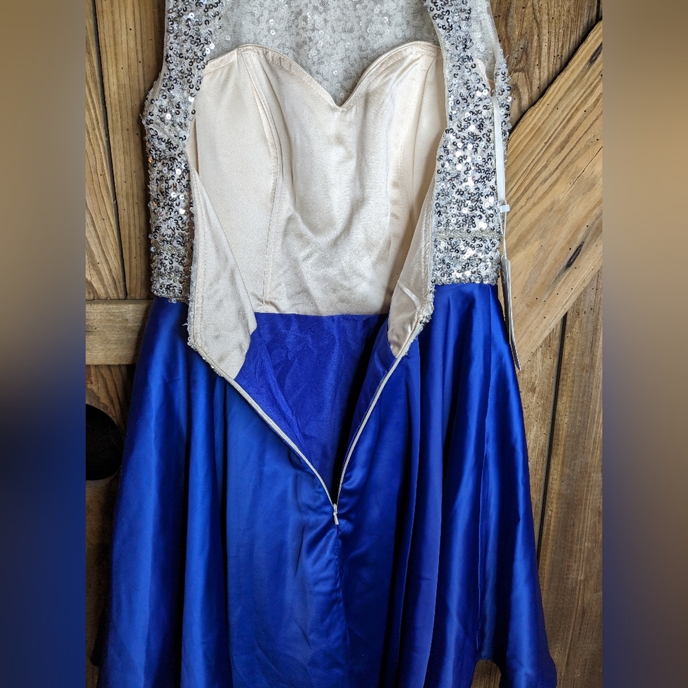 Tangfuti Cocktail Dress size 14 NWT Blue White Sequin Lined A-line Princess V-1 - Picture 3 of 13